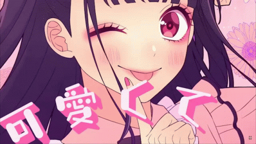 A segment from the song "Sorry if I'm So Cute" by Honeyworks. The camera starts out on a toung woman with a cheery expression, tongue out and one eye closed. She has long black hair in pigtails in the back, with pink eyes and a very stylised and cute pink